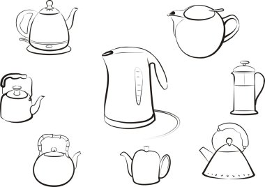 Set of isolated kettles and teapots, sketch in black lines clipart