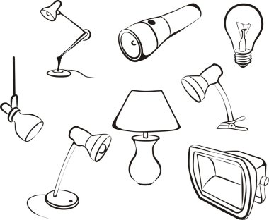 Bulb, lamp, set of light devices isolated sketch in black lines clipart