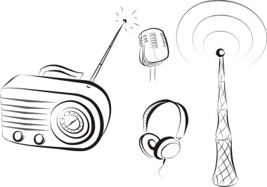 set of radio related isolated items sketch in black lines clipart