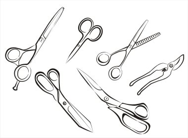 Set of isolated scissors different destionation sketch in black lines clipart