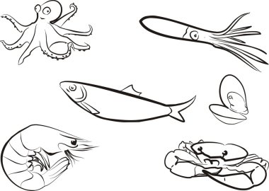 Set of isolated sea food products clipart