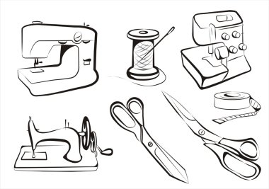 Set of isolated sewing tools and machines clipart