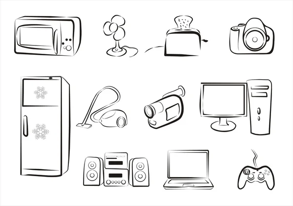 Set Electric Goods Home Related Electronics Part Simple Icons Black — Stock Vector