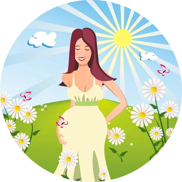 stock vector Young pregnant woman on the sunny meadow background