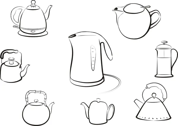 设置的孤立的水壶和茶壶 黑色的线条在草绘 — 图库矢量图片