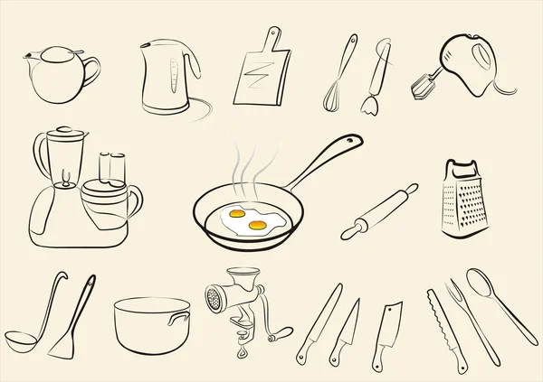 Ensemble Outils Cuisine Isolé Croquis Lignes Noires — Image vectorielle