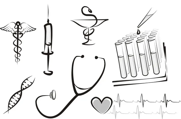 Ensemble Symboles Isolés Médecine Croquis Lignes Noires — Image vectorielle