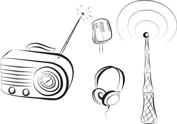 Set Radio Related Isolated Items Sketch Black Lines — Stock Vector