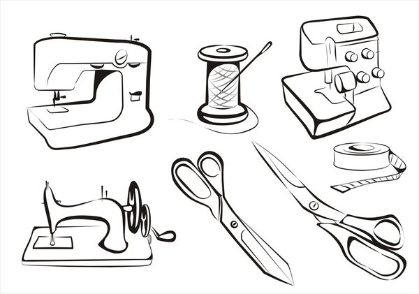 Набор изолированных швейных инструментов и машин
