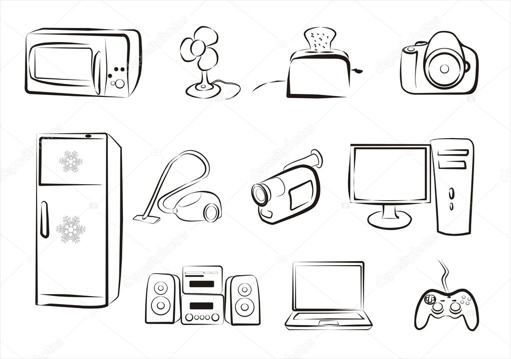 Set of electric goods and home related electronics part 2 simple icons in black lines
