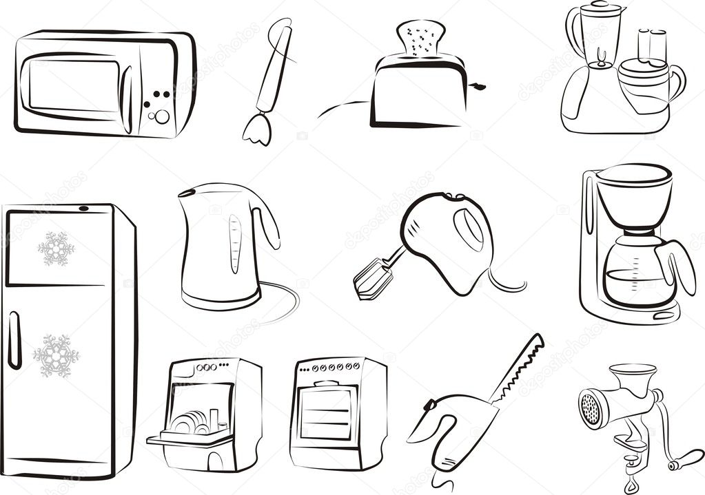 Set of electric goods kitchen related electronics and tools simple icons in black lines