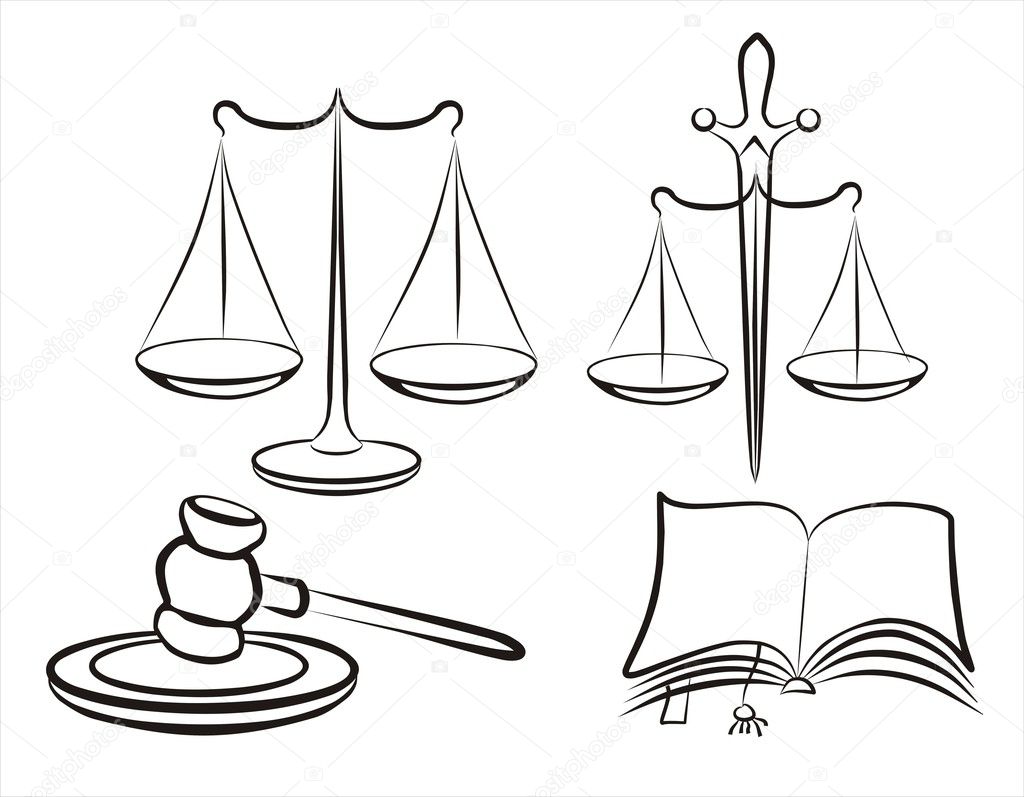 Justice concept set of symbols in simple black lines