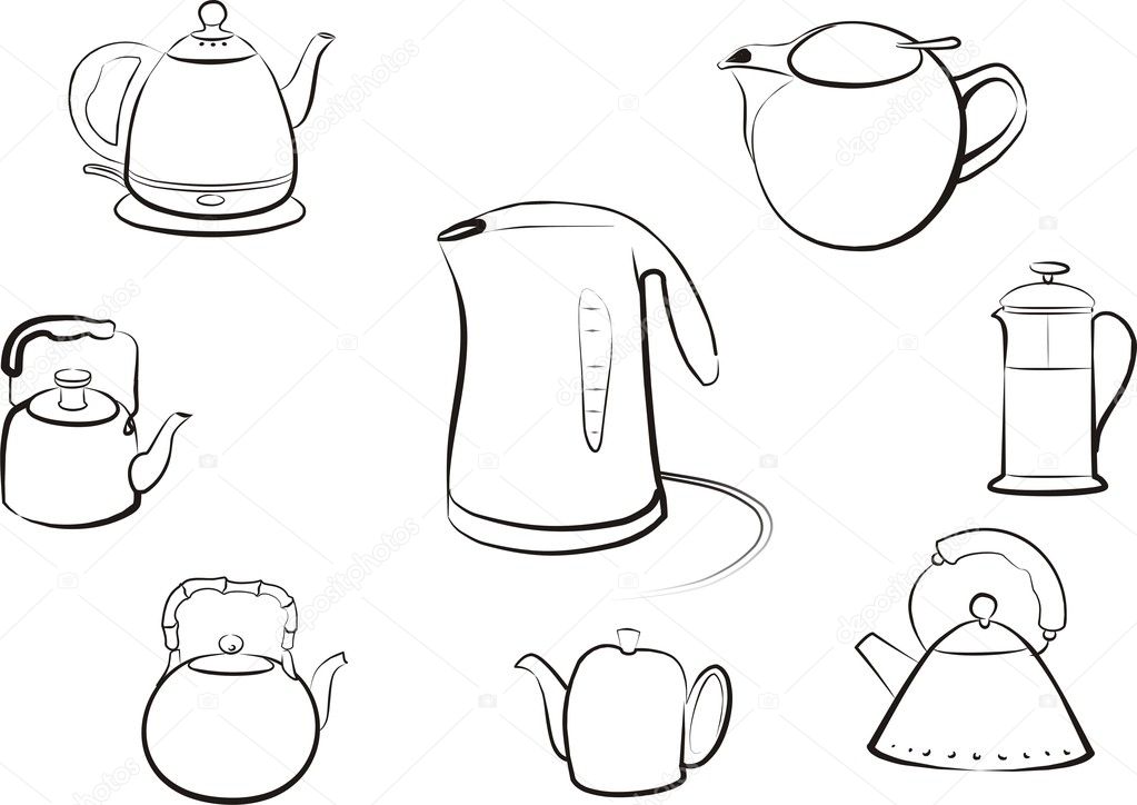 Set of isolated kettles and teapots, sketch in black lines