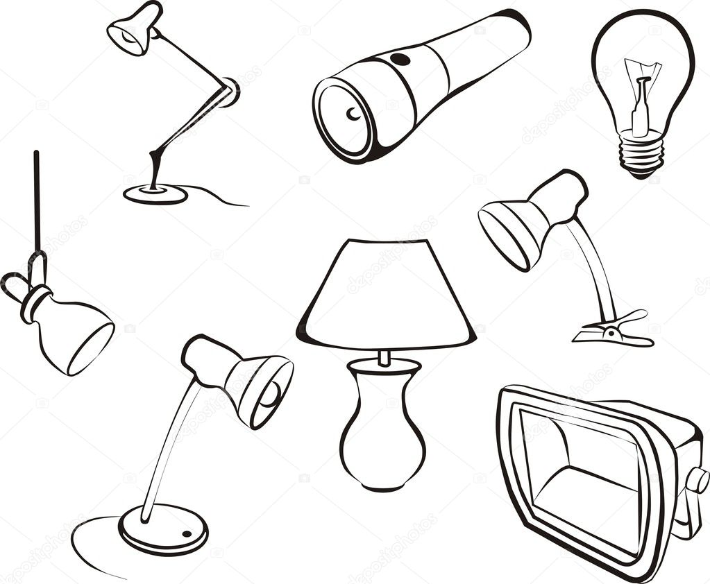 Bulb, lamp, set of light devices isolated sketch in black lines