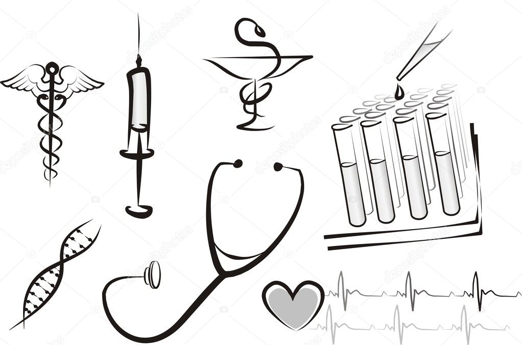 Set of medicine isolated symbols, sketch in black lines