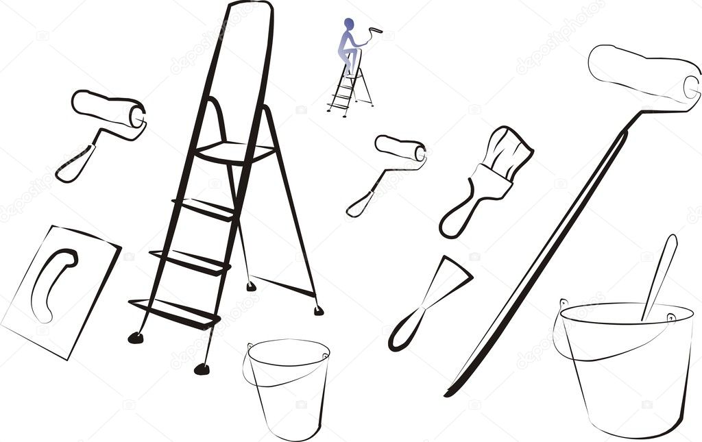 Set of isolated painter tools, brushes sketch in black lines