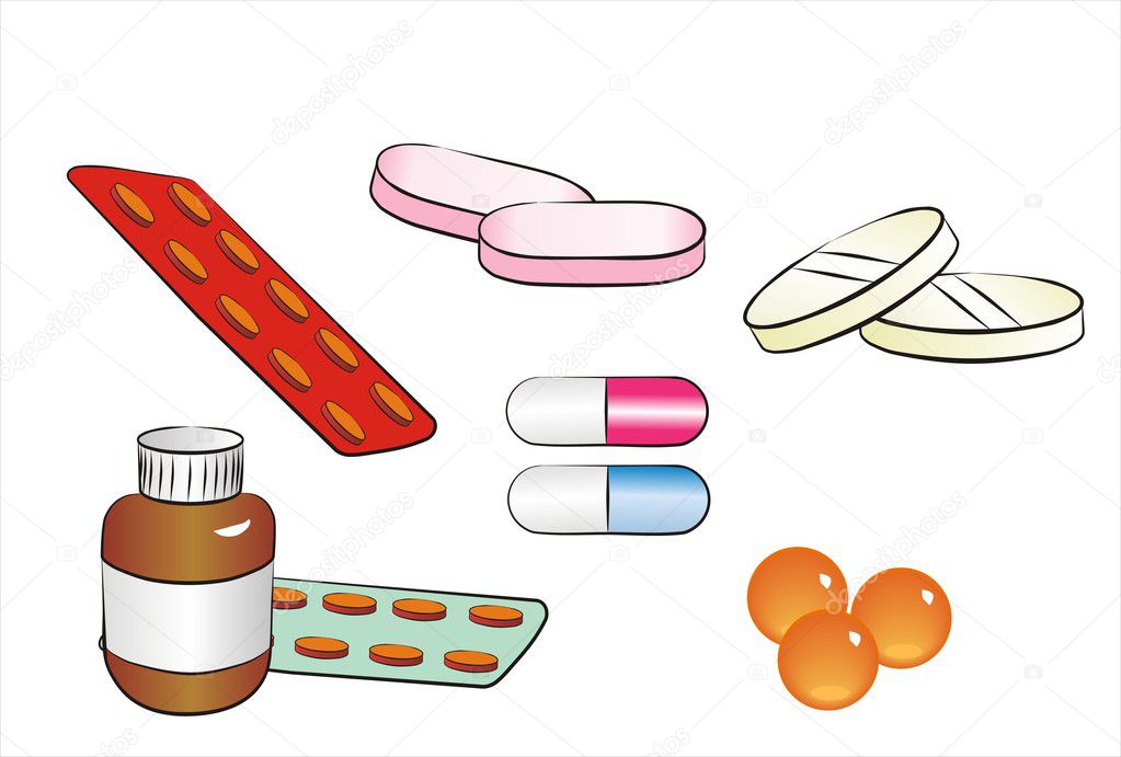 Set of different isolated pills and drugs cartoon style