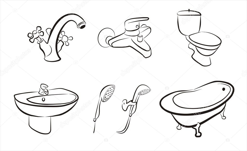 Bathroom and wc concept set of isolated devices sketch in black lines