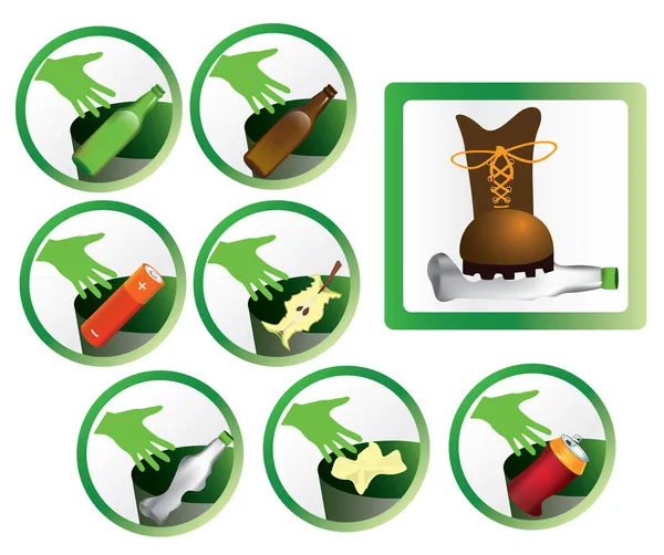 Set di icone della spazzatura e segni per il riciclaggio vettore isolato — Vettoriale Stock