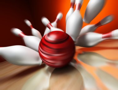 A fun 3d render of a bowling ball crashing into the pins. Extreme perspective, depth of field focus on the ball. clipart
