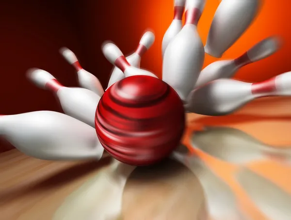一个有趣的 渲染的撞针的保龄球 极端的角度看 深度的字段焦点的球 — 图库照片