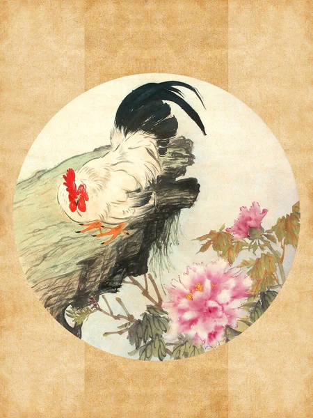 Μέση Κινεζική Ζωγραφική Κοτόπουλο Και Κόκκινη Παιωνία Λουλούδι — Φωτογραφία Αρχείου