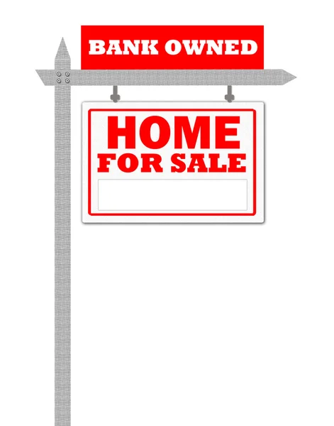 Недвижимость дом для продажи знак, в собственности банка — стоковое фото