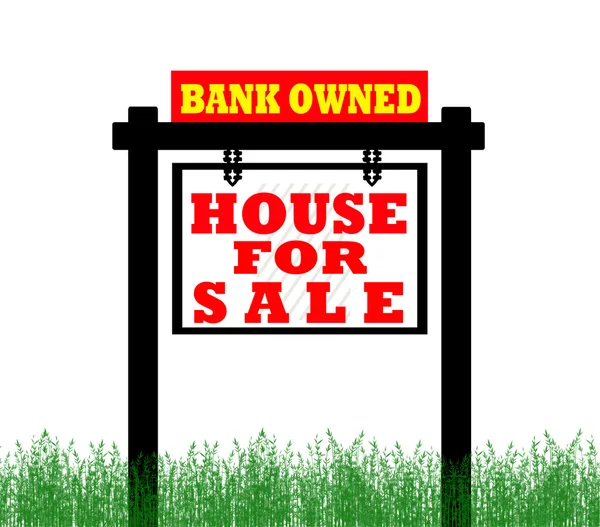 Σπίτι για πώληση σημάδι, Τράπεζα ανήκει ακίνητων περιουσιών — Φωτογραφία Αρχείου