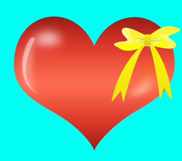 Fita de presente amarelo arco no coração vermelho — Fotografia de Stock
