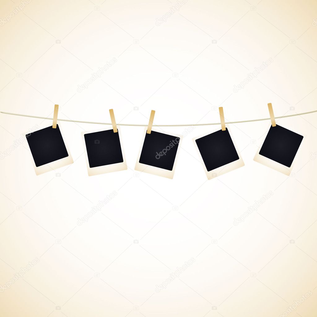 Set of 5 blank photos hanging on a line. Available in jpeg and eps8 formats.