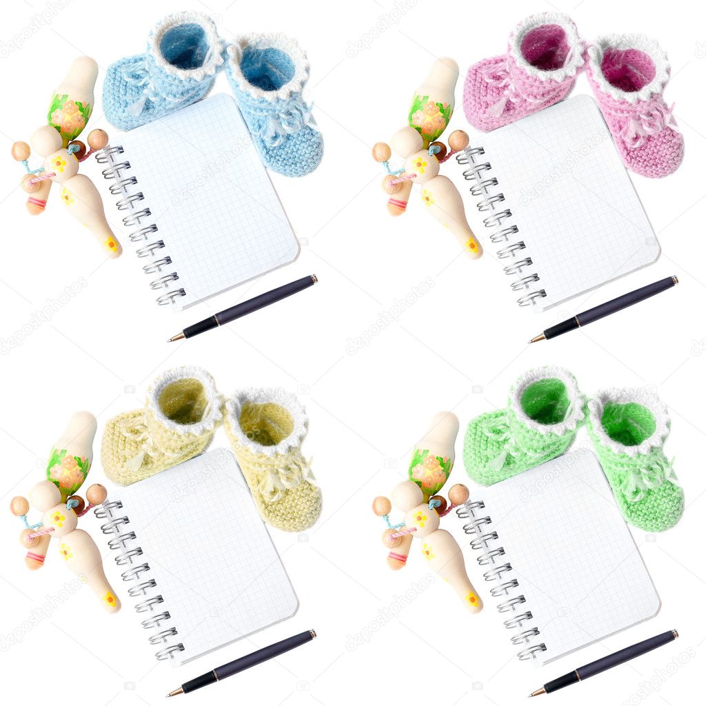 Baby bootee with notepad pen and rattle