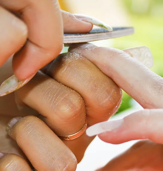 Young Womans Hand Recieving Nail Extensions Nature — Stock Photo, Image