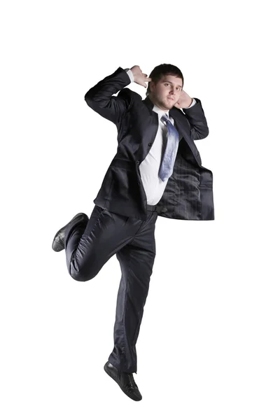 Бизнесмен прыгает на белом фоне — стоковое фото