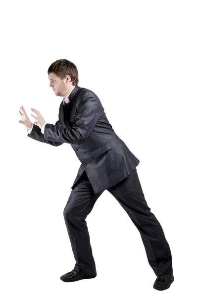 Businessman Pretends Pushes White Background — Stock Photo, Image