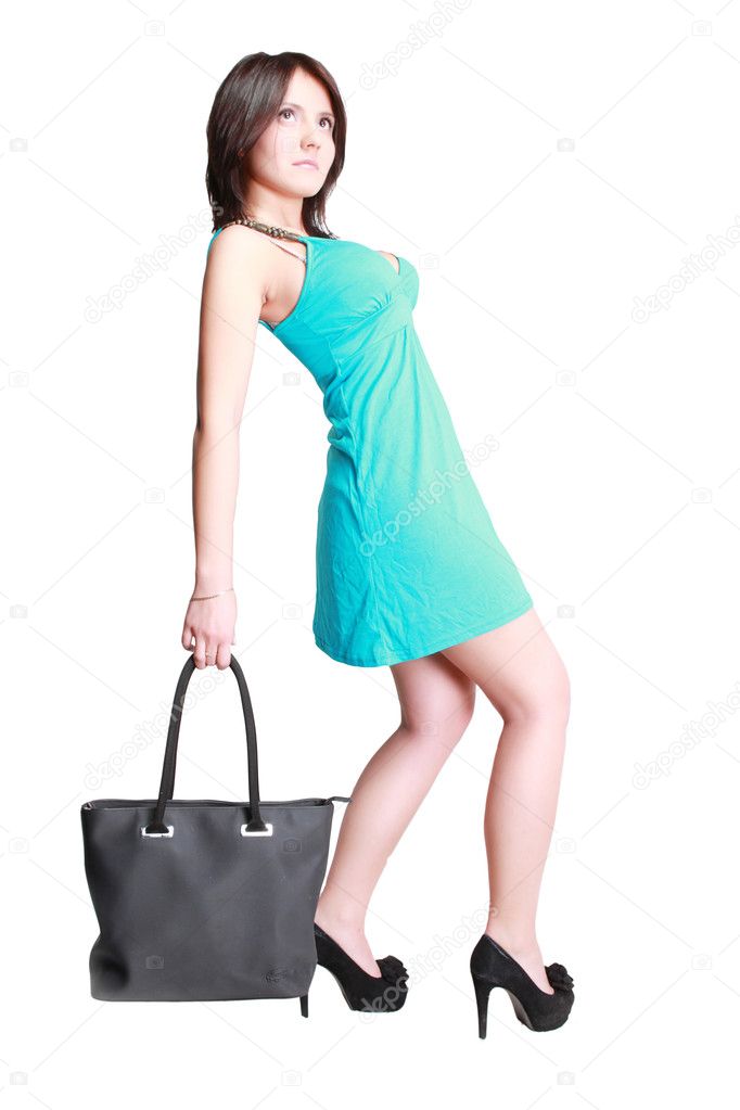 Girl with a bag on a white background