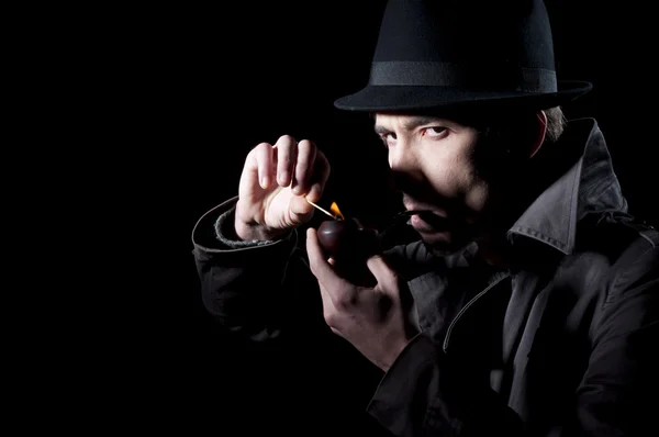 Private Detective Taking Pictures Small Camera Shooted Studio Blue Background — Stock Photo, Image