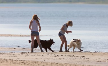 Girls and Dogs at the Beach Saskatchewan Canada Diefenbaker Lake clipart