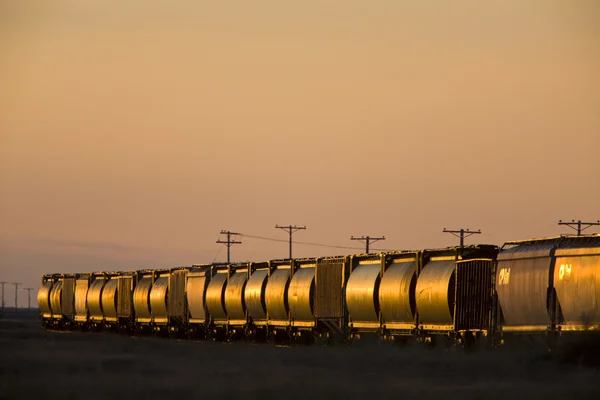 Поїзд на захід сонця Саскачеван, Канада — стокове фото