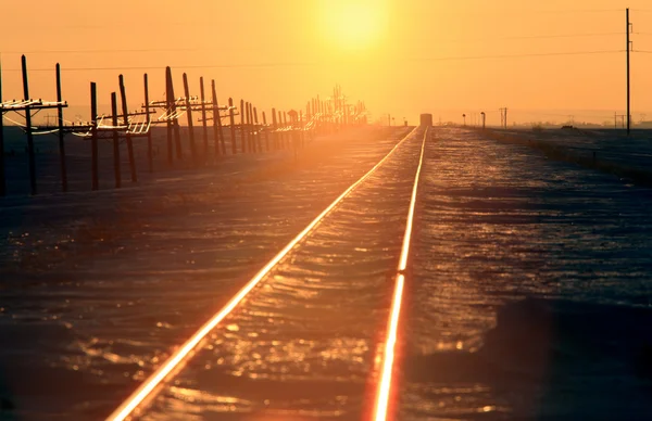 Train Tracks Sunset Winter Saskatchewan — Stock Photo, Image