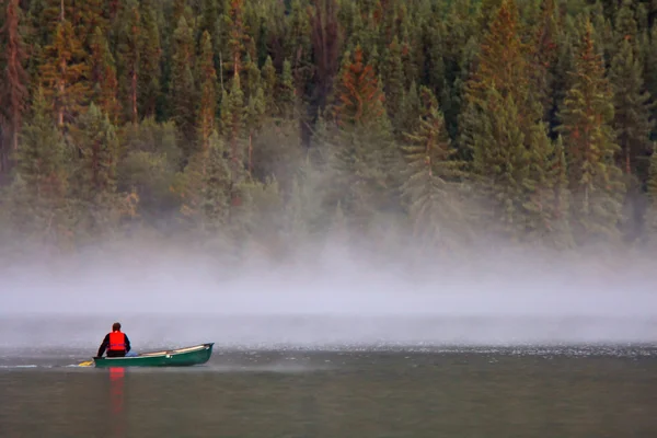 Hombre Canoa Cerca Niebla Mañana Lago —  Fotos de Stock
