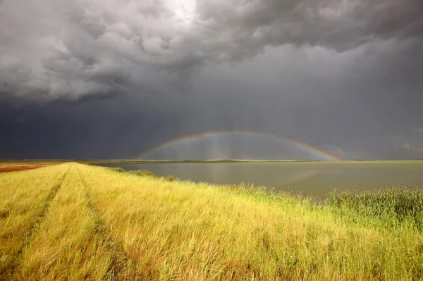 stock image Storm clouds and rainbow over Chaplin Lake Marshes