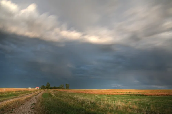 Nubes de tormenta a lo largo de un camino de granja Saskatchewan — Foto de Stock