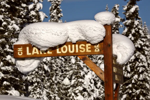 Snow packed on Lake Louise Drive sign — Stock Photo, Image