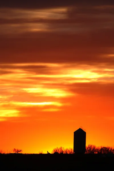 Silo silhouetted by colorful sunset — Stock Photo, Image