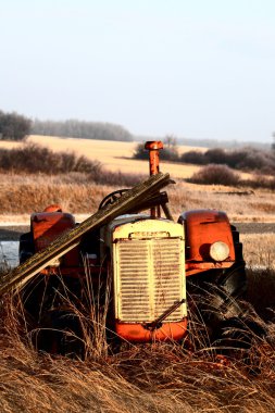 Old abandoned tractor in tall vegetation clipart