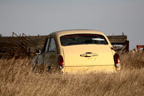 Övergivna gul utländsk bil i högt gräs — Stockfoto