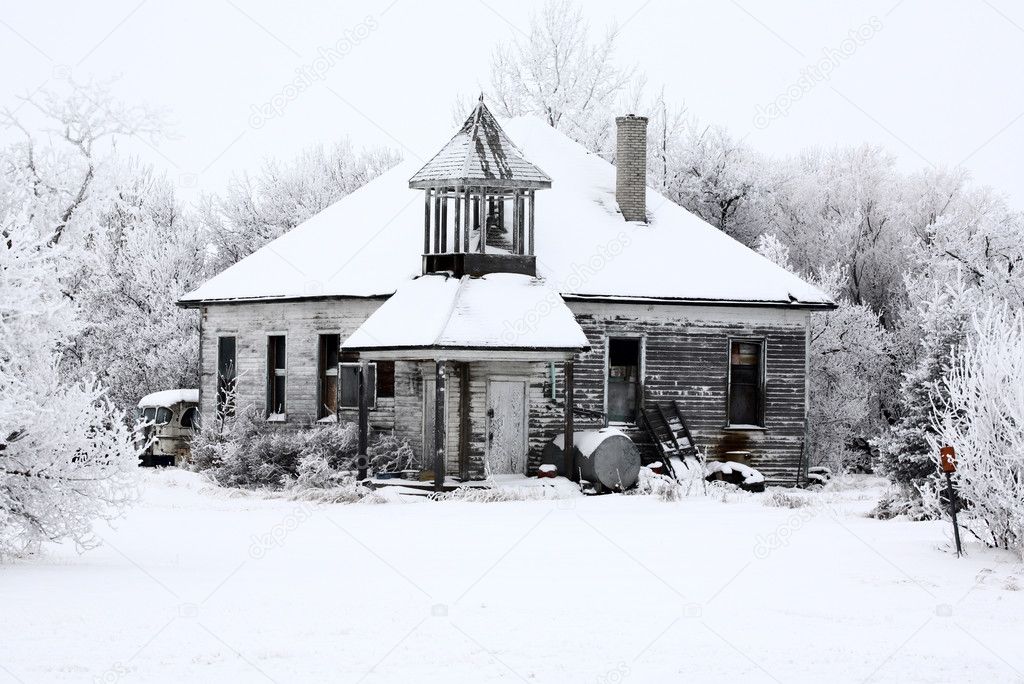 Abandoned country school in winter