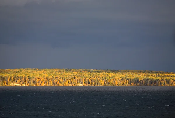 Bouře nad stromy na podzim na waskesiu jezero v Saskatchewanu — Stock fotografie