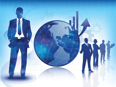 Illustration of business professionnals, with an arrow showing increase sales over a global Earth concept, with a team of experts sillhouette clipart