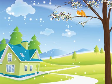 A green and blue environmentally friendly house in a cold winter day, first snow gently coming. Also seeing some trees and mountain landscape in the horizon. clipart